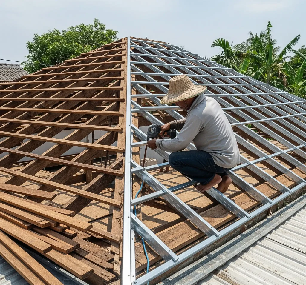proses pemasangan atap kayu ke baja ringan