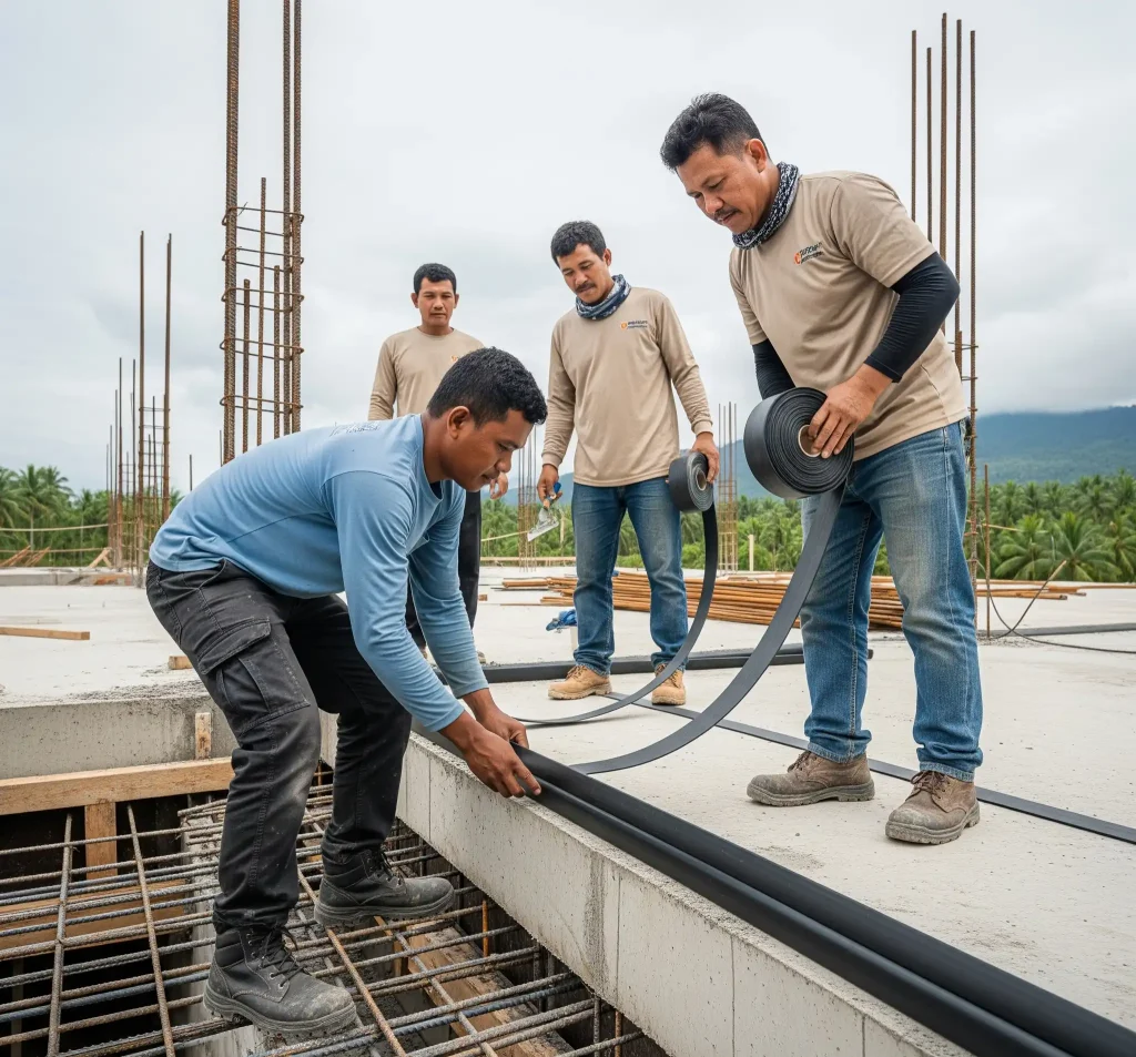 proses pemasangan Waterstop karet untuk kolam renang roof top